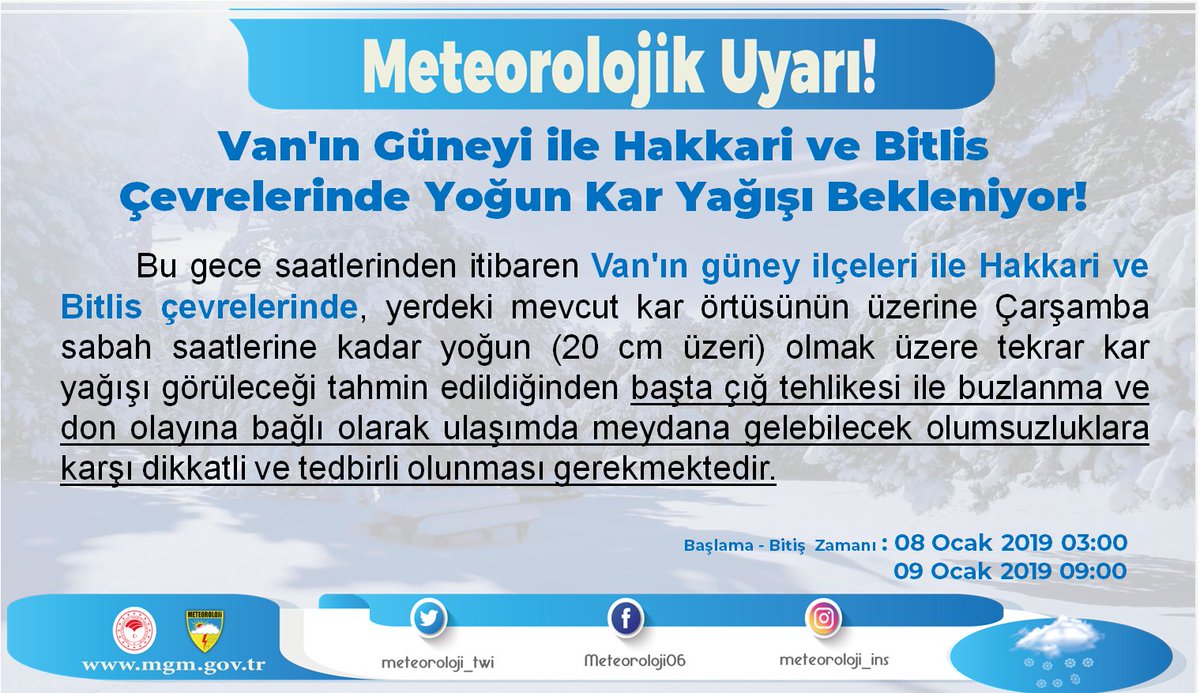 meteoroloji_twi's tweet photo. Meteorolojik Uyarı!
#Van'ın Güneyi ile #Hakkari ve #Bitli Çevreleri Yoğun #Kar Yağışı Bekleniyor! https://t.co/YMr5NG6Sg5