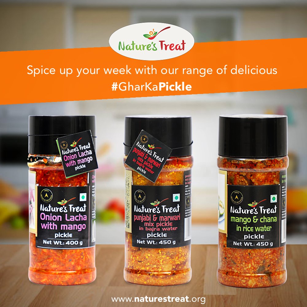 Beat the #MondayBlues and spice up your week with our range of delectable #GharKaPickle!

Now available on <a href="/amazonIN/">Amazon India</a> Order Now bit.ly/ntorder 

#NaturesTreat #IndianPickles #Healthy #IndianCuisine #picklelover #MondayMotivation #Indian #indianfood