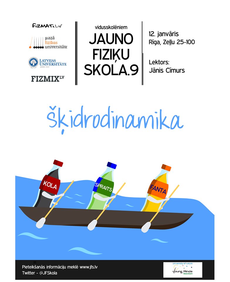 Atvilkuši elpu pa svētkiem gadu mijā, metamies atkal jaunā darbu jūklī! 
Šoreiz gadu iesāksim ar hidrodinamikas tematiku nodarbībā 
“Šķidrodinamika”, kas notiks 12. janvārī vēl pagaidām ierastajā vietā un 
laikā Zeļļu ielā 25 10:00. 
Reģistrēšanās: ej.uz/skidrodinamika