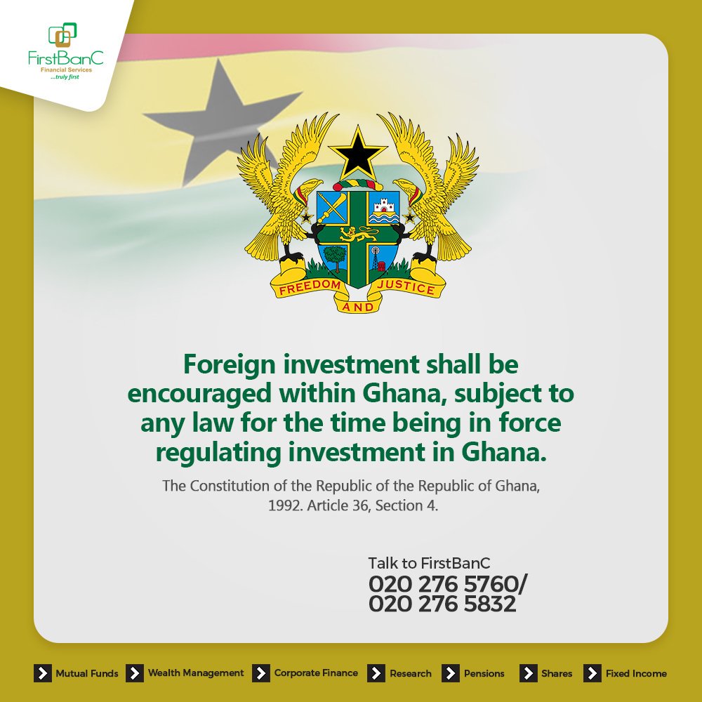 firstbanc_'s tweet photo. HAPPY CONSTITUTION DAY
Foreign investment shall be encouraged within Ghana, subject to any
law for the time being in force regulating investment in Ghana.
The Constitution of the Republic of Ghana 1992. Article 36, Section 4.
#FirstBanC #ConstitutionDay https://t.co/zKmdYoWUUc