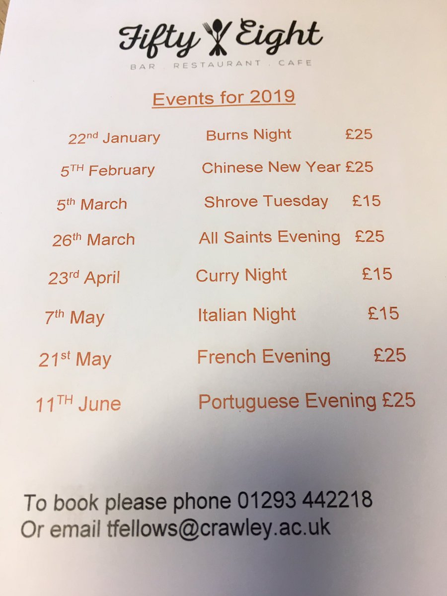 jochappel4's tweet photo. Here is our list of Tuesday Night Themes available in our new restaurant #58Restaurant @CrawleyCollege book your place now you will be in for a treat and a great evening, all dinners start at 615pm https://t.co/dnRSL5Wwj5