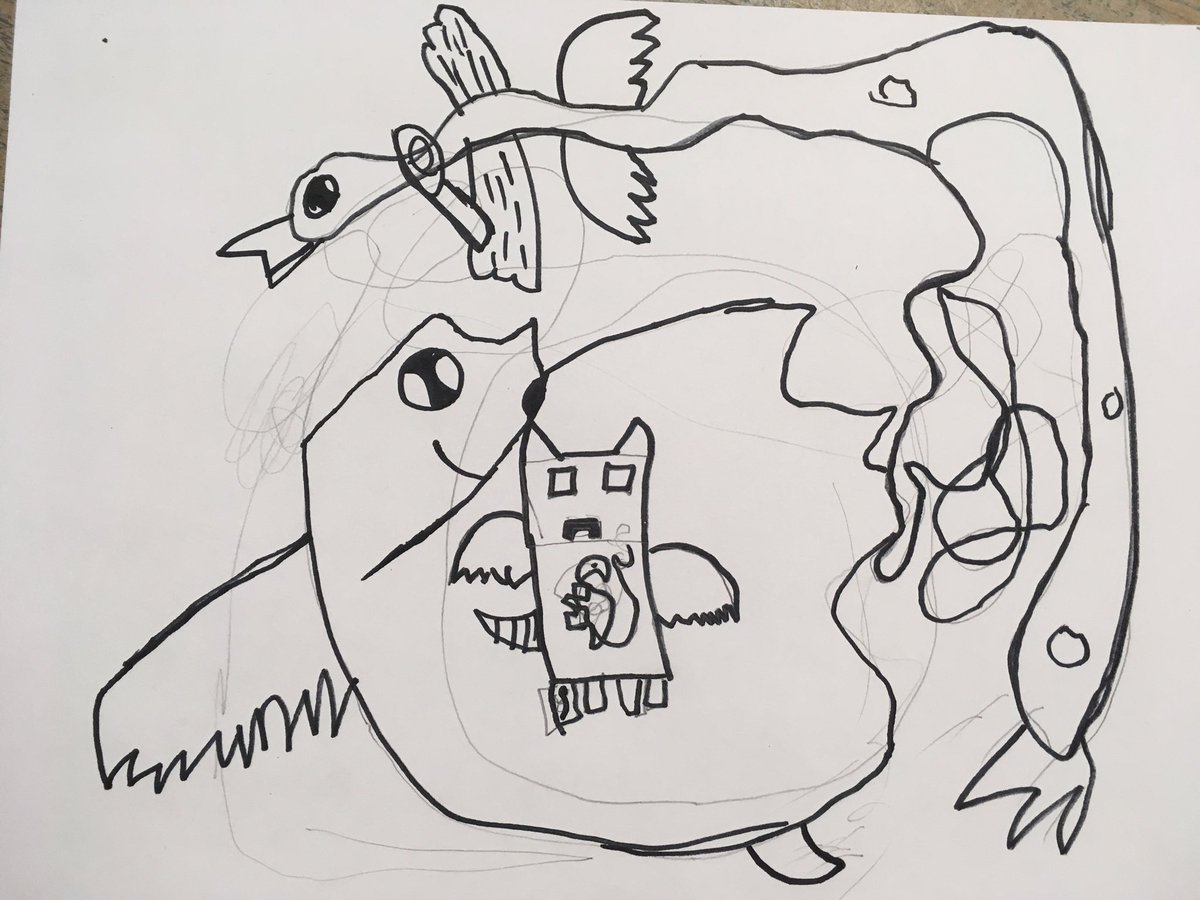 Second graders creating blind scribble creatures! #erikacouey #teamfox #cobbartrocks