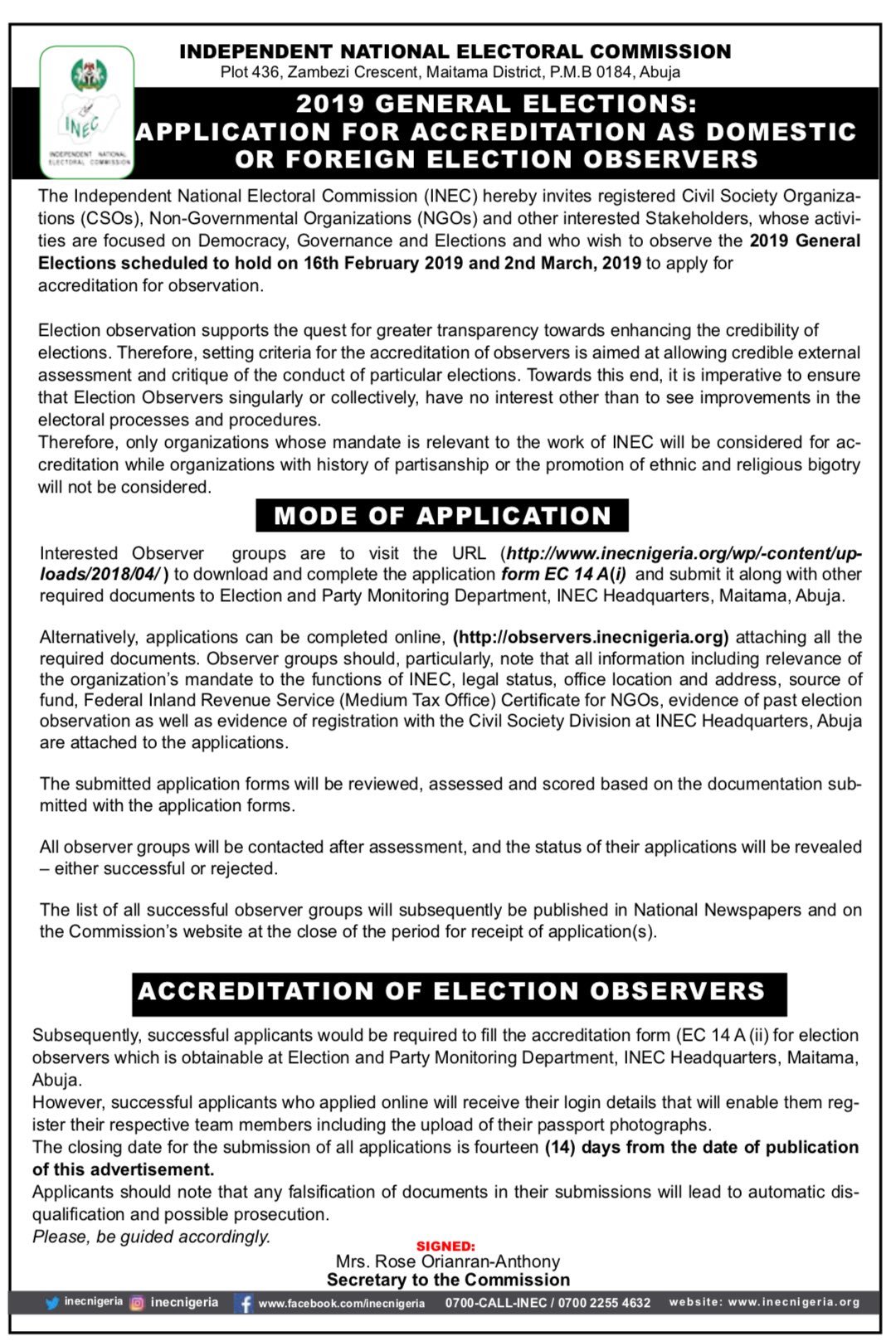 INEC Nigeria on X: &ldquo;News Flash: Application for accreditation as 