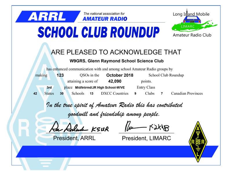 GRS_Science's tweet photo. It's official...3rd Place 🥉in the Nation...Best in Illinois for #ARRLscr ! Looking forward to see what the February Edition will bring! #makingcontacts #amateurradio #GRSpride #9landpride https://t.co/9wzHJQ0ORx