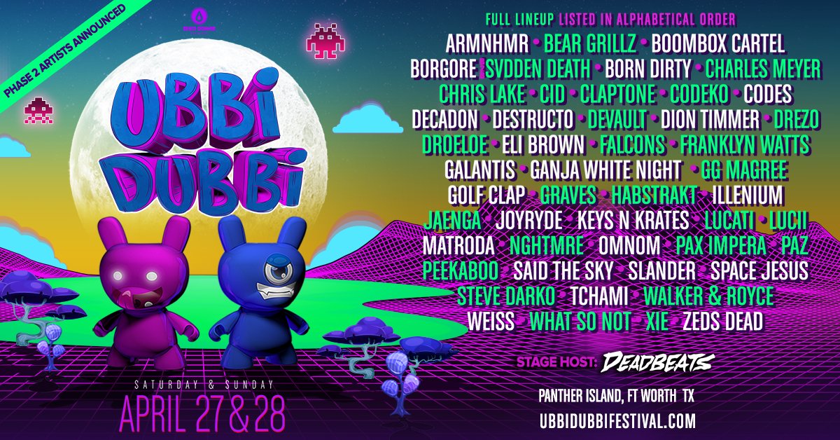UbbidubbiFest's tweet photo. Ubbi &amp; Dubbi: HERE'S PHASE TWO! WHO'S COMING TO PARTY WTH US?! 

#UbbiDubbiFest
April 27th and 28th // Panther Island Pavilion // Fort Worth,TX
TICKETS: https://t.co/ideVaqQ7E6

#EDMFamily #edmlovers #TexasEDM #edmfestivals https://t.co/4Reu8Y2nur
