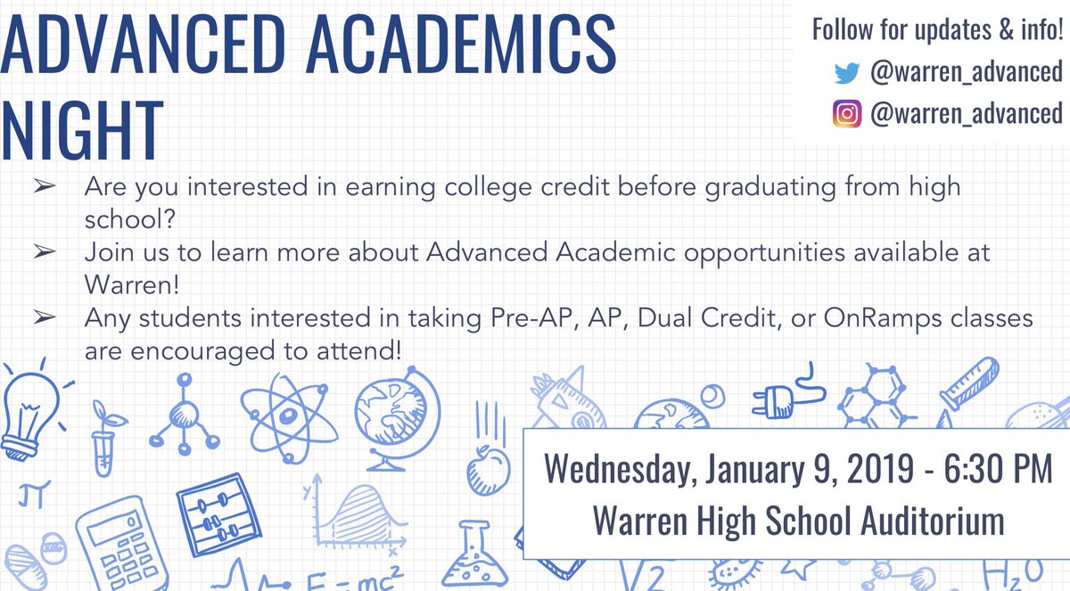 Don’t forget about this week’s Advanced Academics Night! Join us to learn more about AP, Dual Credit, and OnRamps! #AdvancedAcademics #NISDWarren
