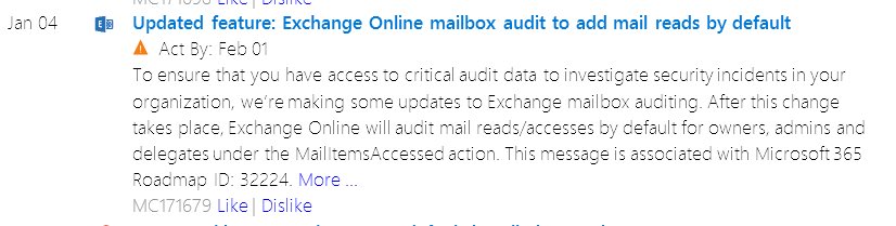 FrankMcG's tweet photo. O365 adding “mail read” to mailbox auditing by default for owners, admins, and delegates.

This is huge! You can now see what was read on a compromised account. https://t.co/WZVUv70hjb