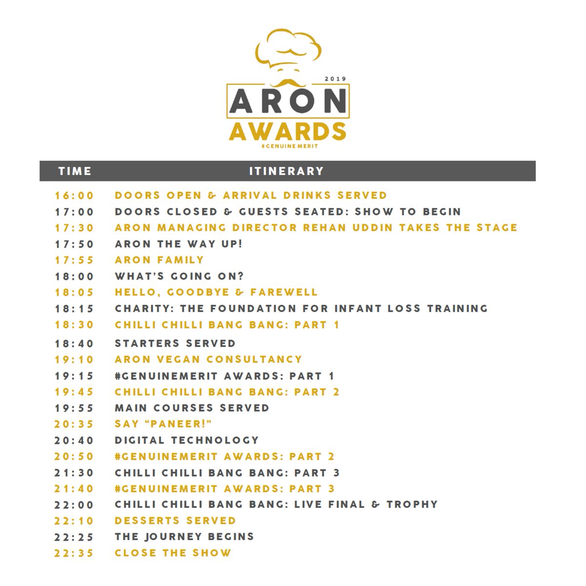 PlanetARON's tweet photo. Excited? You are now! #7daystogo ⏱️
#ARONawards19 #itinerary #genuinemerit
The only #nofees #britishasianawards #pressforprogress #equality4all https://t.co/7ErCbh2rzF