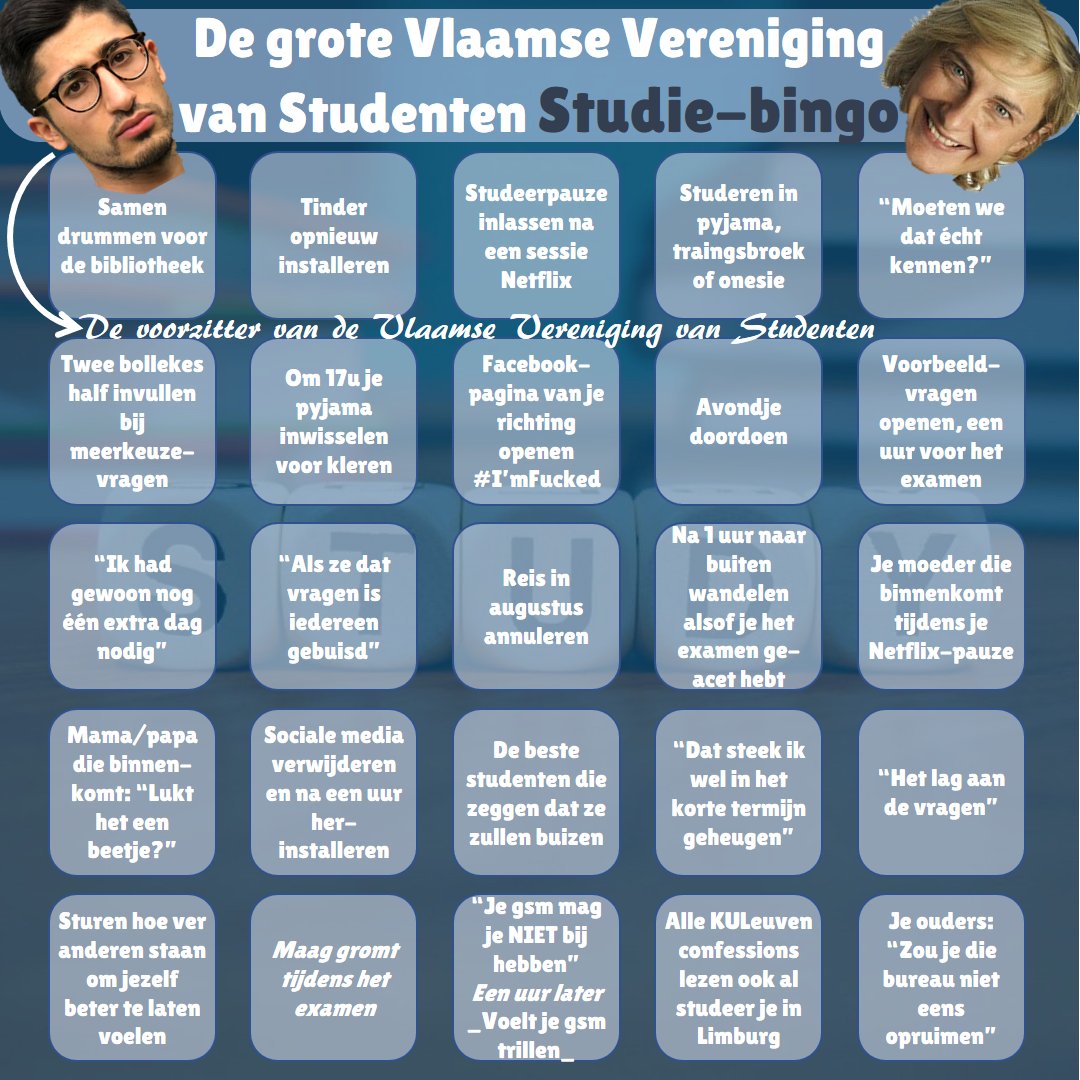VVStudenten's tweet photo. Pauze nodig tijdens de examens?

Onze #BlokBingo staat klaar! 😅 
Reageer met 'bingo' wanneer je één rijtje vol hebt. ✅

Veel succes gewenst aan iedereen! 🤜💪 #Examens #Blok https://t.co/dA9DkoZlAs