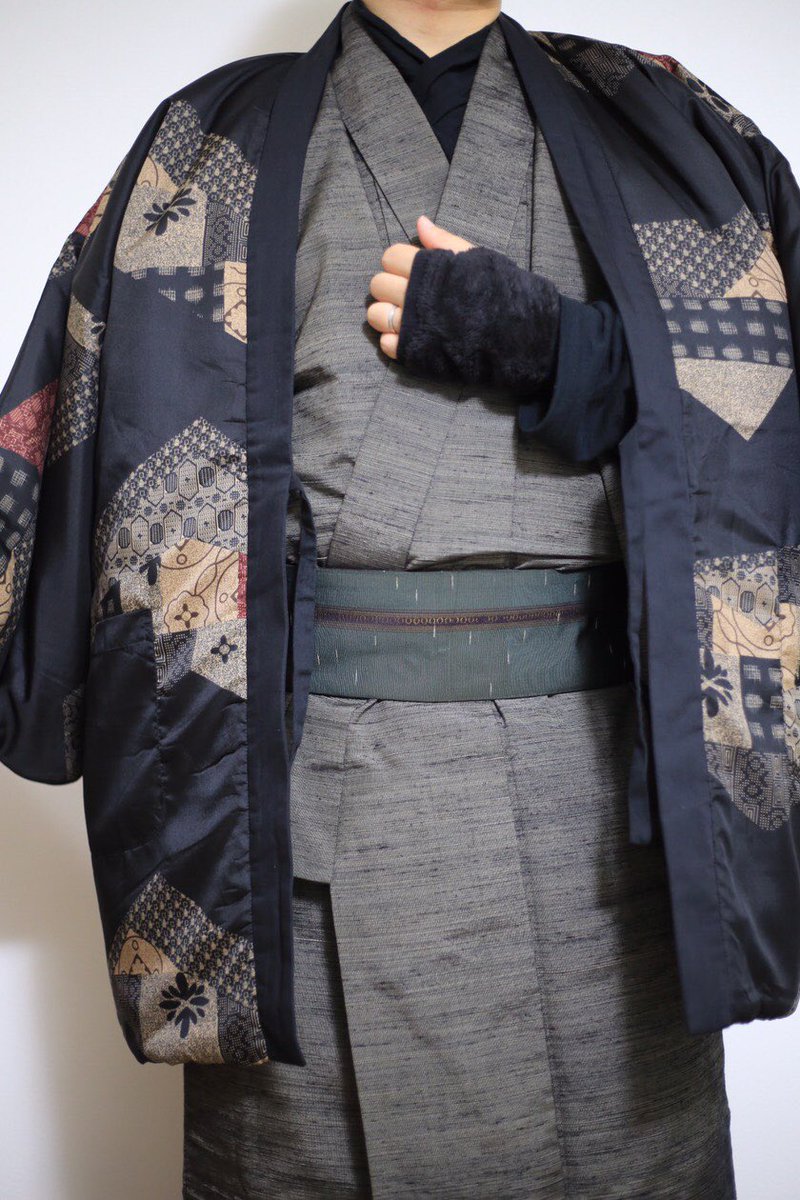 レンタル 着物 男 メンズ 市松 黒緑 Lサイズ 鬼狩り衣装風 袷 春秋冬用