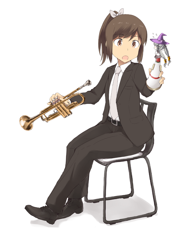 i-401 (kancolle) instrument trumpet brown hair brown eyes ponytail formal 1girl  illustration images