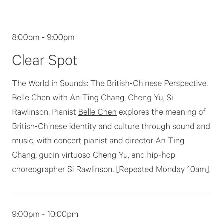 This Friday 11th Jan, ‘The World In Sounds: The Modern British-Chinese Perspective’ on <a href="/ResonanceFM/">Resonance FM</a> 

With concert pianist &amp; director @ChangAnTing, guqin virtuoso Cheng Yu &amp; hip hop dancer Si Rawlinson  

Live on Resonance FM 104.4!
 @chineseartsnow <a href="/ConcertTheatr/">Concert Theatre</a> <a href="/SOAS/">SOAS University of London</a>