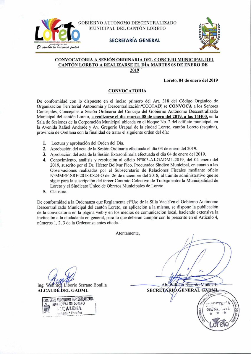 #CONVOCATORIA
 Se realiza la convocatoria a Sesión Ordinaria del Concejo Municipal del Cantón #Loreto a realizarse el día #martes 08 de enero del 2019.
 Más detalles. #FelizLunes