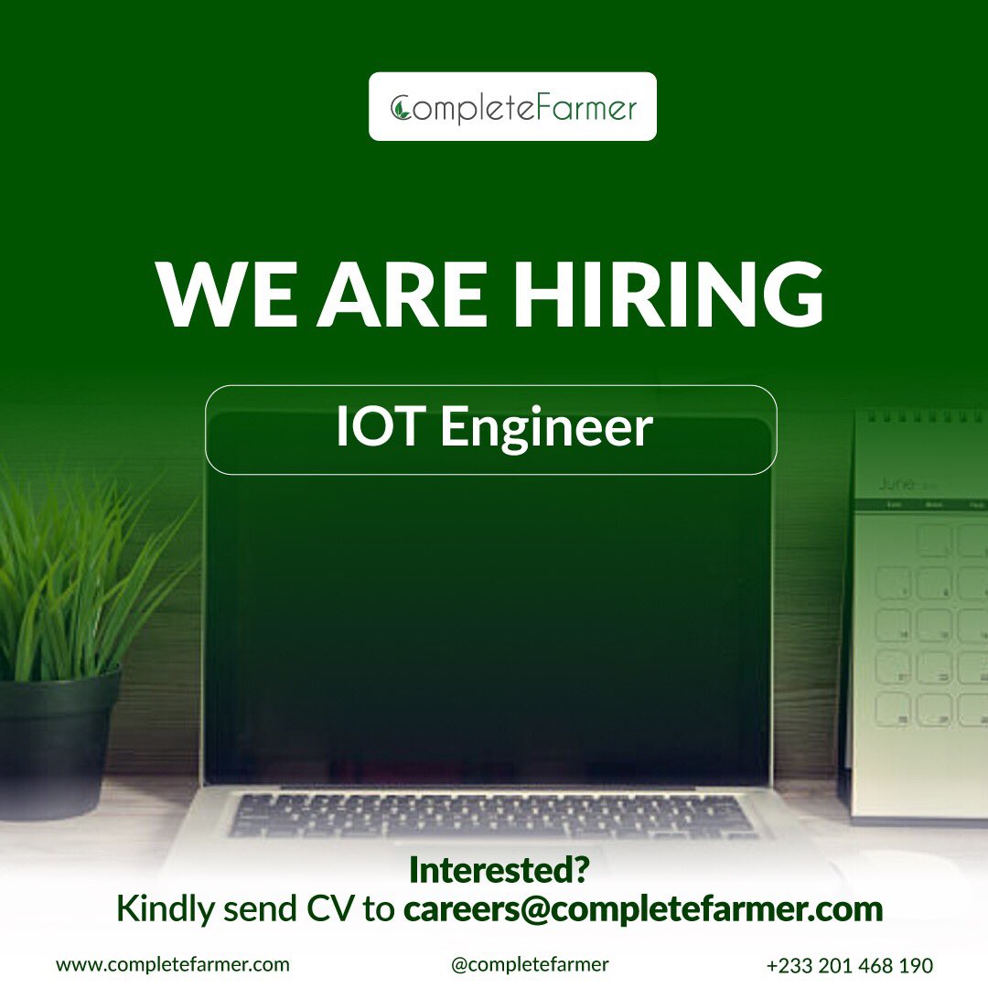 CompleteFarmer's tweet photo. Job alert! We are hiring.

The @CompleteFarmer team is growing and we are looking for an #IOTEngineer to join our team.

Click on the link below to see qualifications, skills and responsibilities.

Apply online at:
https://t.co/rNpFk0srmK

Deadline: 21st January 2019.

#Developer https://t.co/HJvV84oWDQ