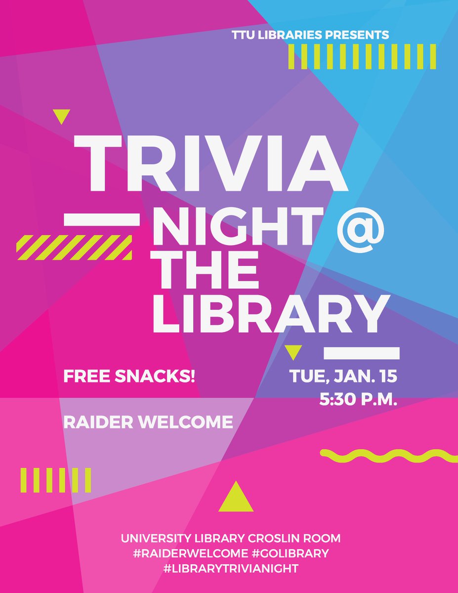 TexasTechLib's tweet photo. Ready to get your quiz on? Flex your trivia knowledge muscles while you have fun and meet new people. This event is part of Winter Raider Welcome. All new and returning TTU students are invited! #RaiderWelcome #LibraryTriviaNight #GoLibrary https://t.co/9sVBUjqB9y