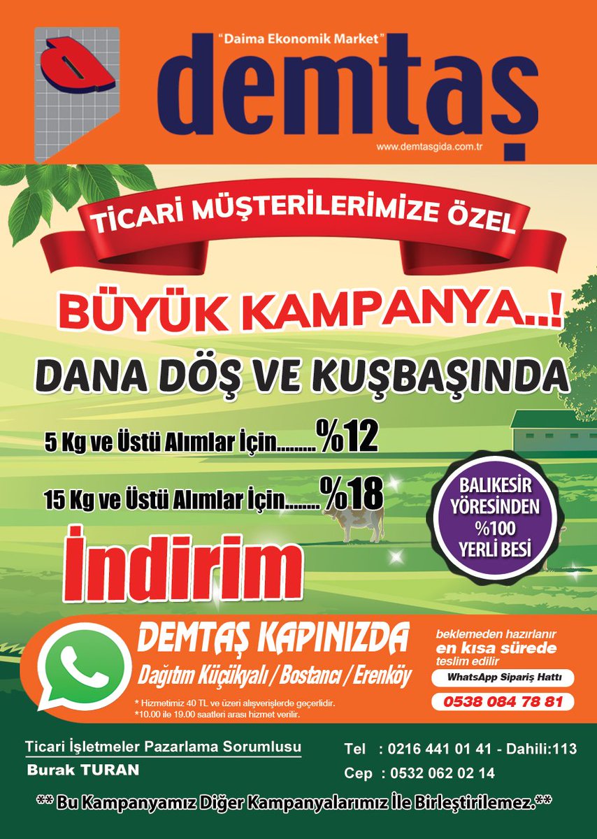 demtas's tweet photo. Müşterilerimize Demtaş Kasabından Büyük Kampanya 🍖🥩

Dana Döş ve Kuşbaşında geçerli olmak üzere,

Tek seferde,

5 Kg ve üstü alımlar için %12
15 Kg ve üstü alımlar için %18 ANINDA KASADA İNDİRİM

Etlerimiz Balıkesir Yöresine ait olup %100 Yerli Besi'dir. https://t.co/p8AcswAJei