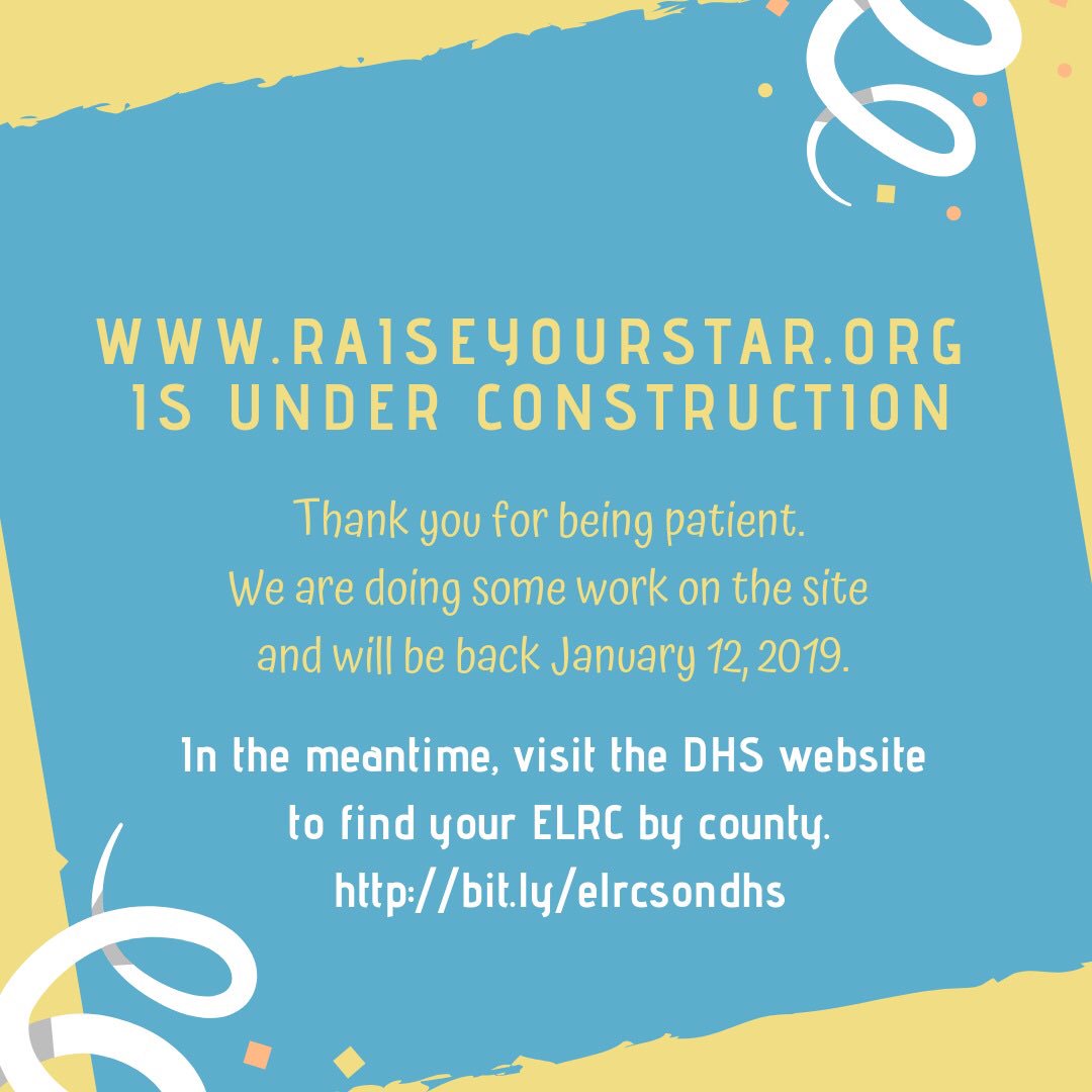 raiseyourstarpa's tweet photo. Thank you for being patient! We are doing some work on the site and will be back January 12, 2019.

In the meantime, visit the DHS website to find your ELRC by county.  
https://t.co/qAvevwPYO3 https://t.co/qaCwN5QwN9