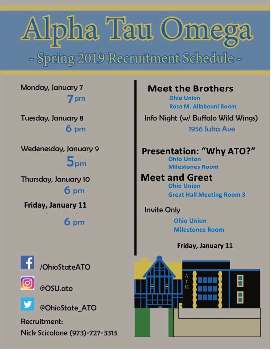 it’s that time of year again! spring rush is upon us and we couldn’t be more excited. come by these events to meet the brothers of ATO and find out if our chapter is right for you. #RYFCO
