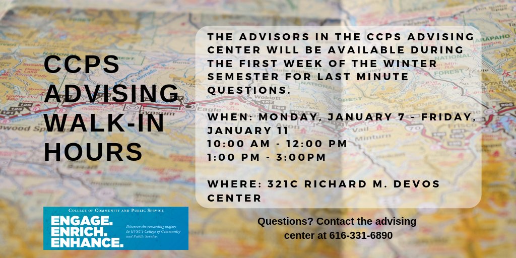 ceciadvisor's tweet photo. Have last minute questions regarding Winter semester? Stop by 321C DEV today between 10A -12P and 1P-3P for a walk-in appointment with an advisor. Advisors will be available on a walk-in basis all this week! #gvsuccpsuac #gvsuccps #gvsuscj #gvsuhtm #gvsuspnha #gvsussw #GVSU https://t.co/Ghf2035KPI
