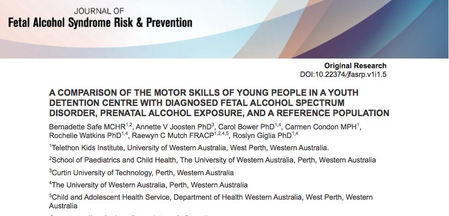 jfasrp_DPG's tweet image. Online now: A Comparison of the Motor Skills of Young People in a Youth Detention Centre with Diagnosed Fetal Alcohol Spectrum Disorder, Prenatal Alcohol Exposure, and a Reference Population. #FASD #OpenAccess #FetalAlcoholSpectrumDisorder 
jfasrp.com/index.php/JFAS…