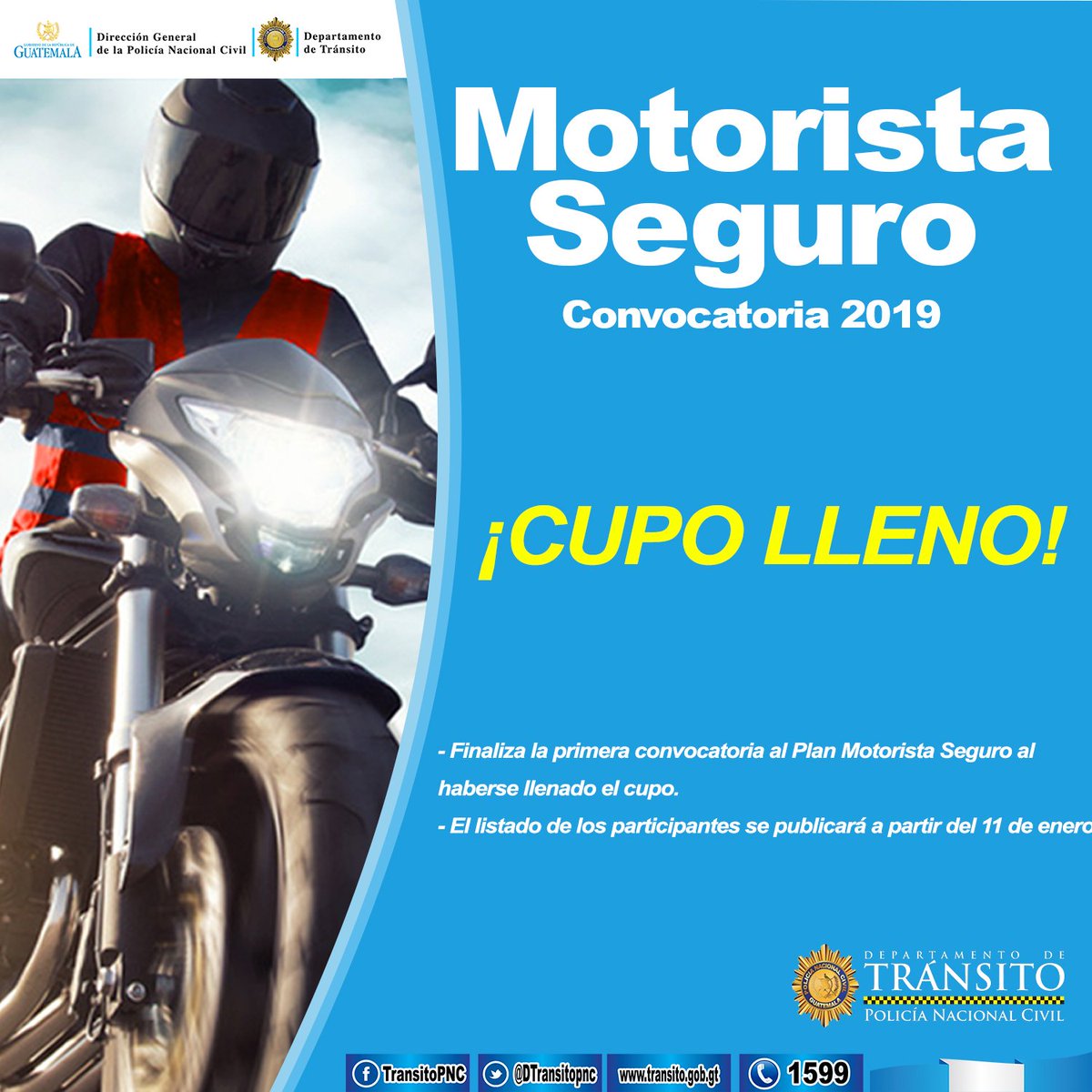 DTransitoPNC's tweet photo. Se les informa a todas las personas interesadas en participar en el programa de capacitación de Motorista Seguro, que se llegó al límite de participantes, agradecemos el interés en participar.
Estén pendientes a nuestra página web y redes sociales para las próximas convocatorias https://t.co/pRQ8G7tW4E