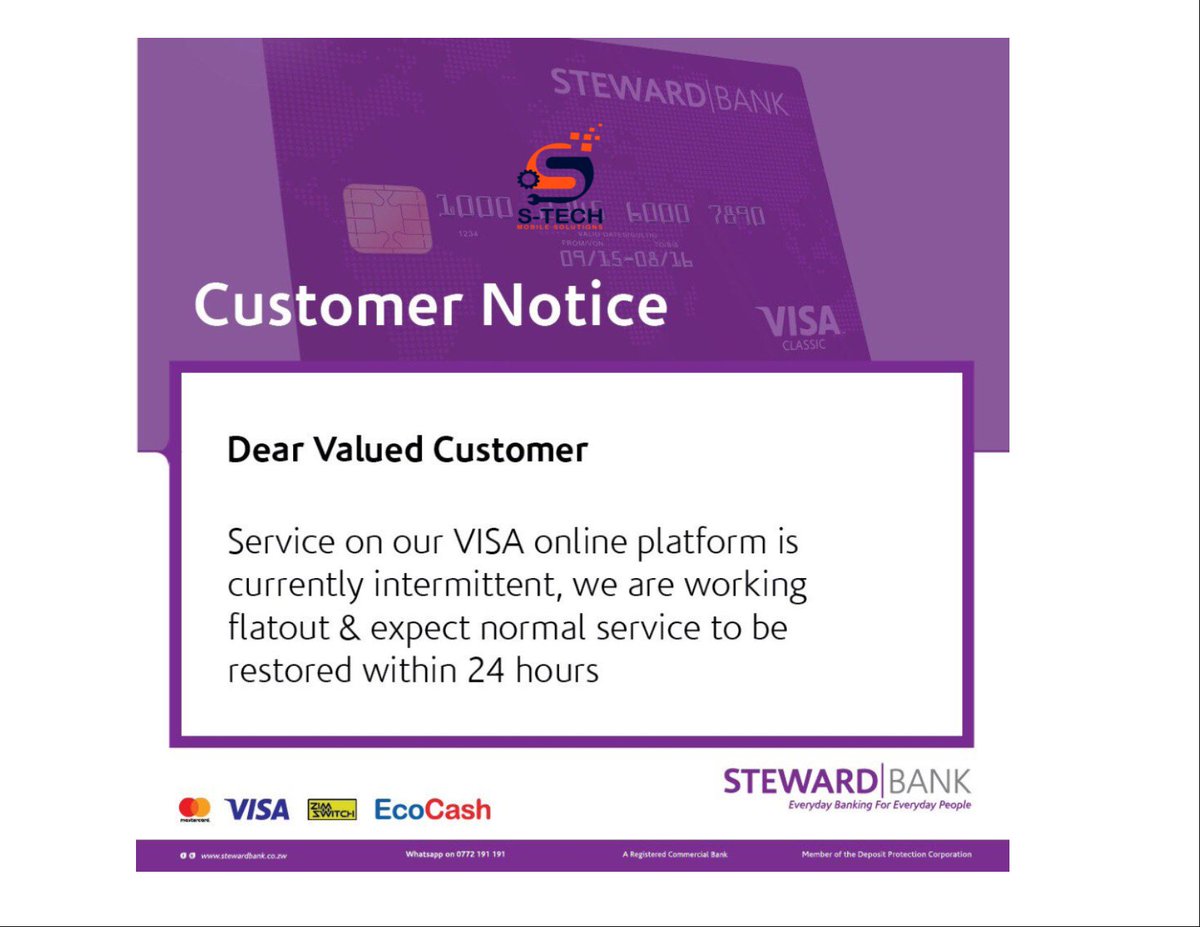 STechZW1's tweet photo. All our valued clients on due list to make international orders, we sincerely regret the inconvenience caused by our FC Account Provider. We will notify you through our WhatsApp when the system is back online. God bless you!
#Together_We_Rise
@stewardbank @zimbabwe_of @HStvZim https://t.co/LKWViRpQS2