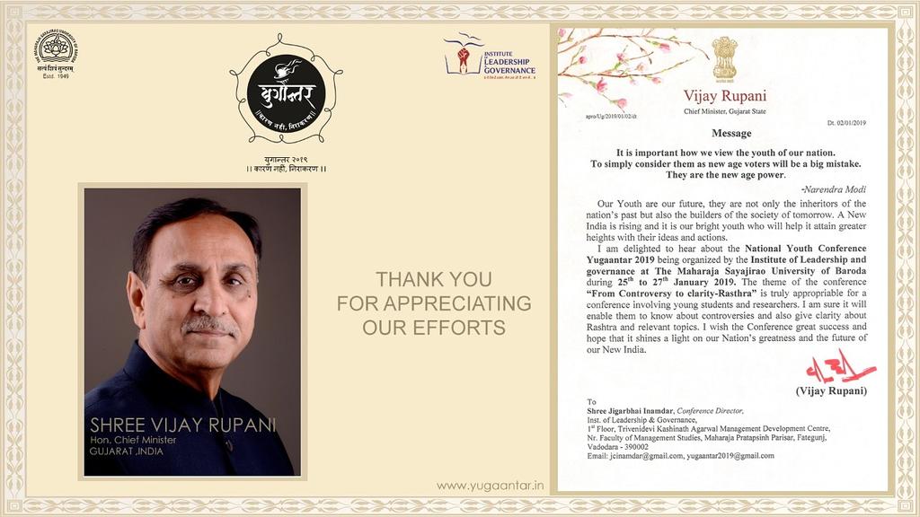 Yugaantar2018's tweet photo. Received Appreciation Letter from Hon'ble Chief Minister Shri Vijay Rupaniji for *YUGAANTAR 2019 - National Youth Conference* taking place in Vadodara on 25th,26th and 27th of January,2019.

#YUGAANTAR2019
#ILGMSU
#MSUBARODA
#VADODARA
@vijayrupanibjp https://t.co/7uk05Yh4Q1
