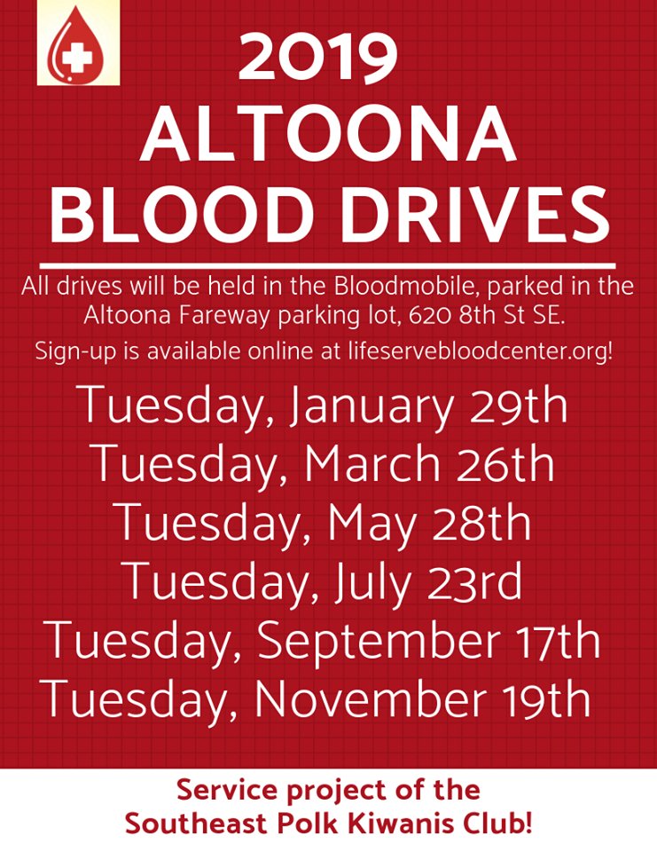 Altoona_Chamber's tweet photo. Calling all blood donors... Check out the 2019 Bloodmobile schedule! The LifeServe Bloodmobile will be parked in the Altoona Fareway parking lot every eight weeks! Residents can go online to register. #CaringForYou #SharingForLife https://t.co/mqMje6Y5qH