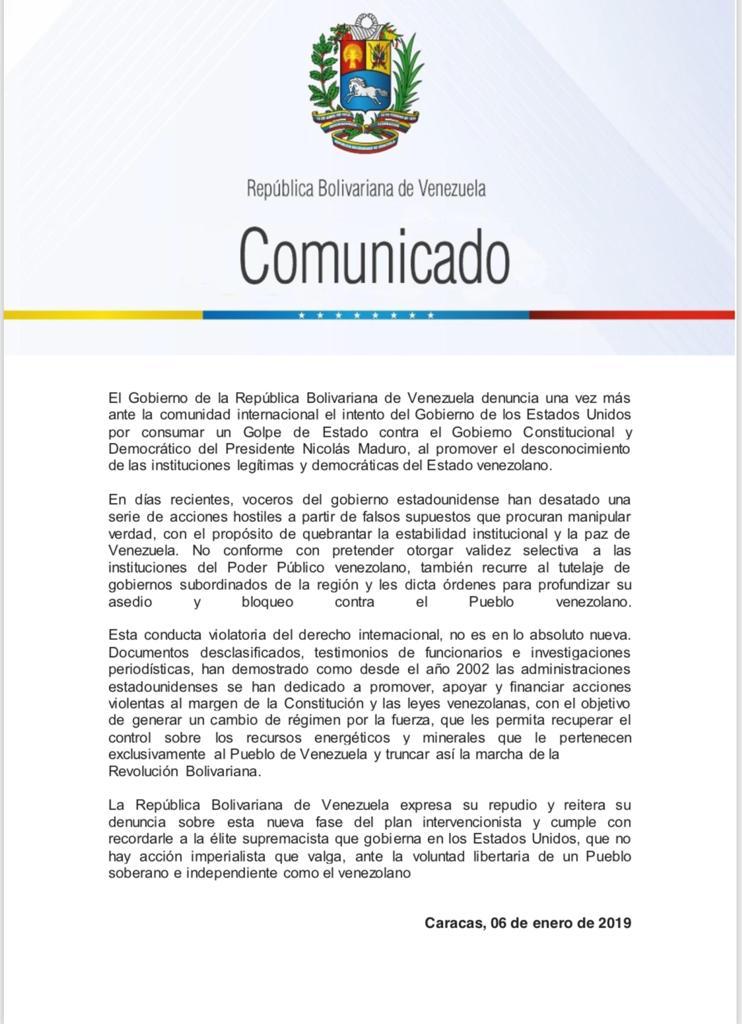 ELOYSULBARAN's tweet photo. El Gobierno Bolivariano de Venezuela denuncia ante la comunidad internacional el intento del Gobierno de EEUU por consumar un Golpe de Estado contra el gobierno constitucional y democrático del Presidente Nicolás Maduro, al promover el desconocimiento de instituciones legítimas https://t.co/c60HwsSBPQ