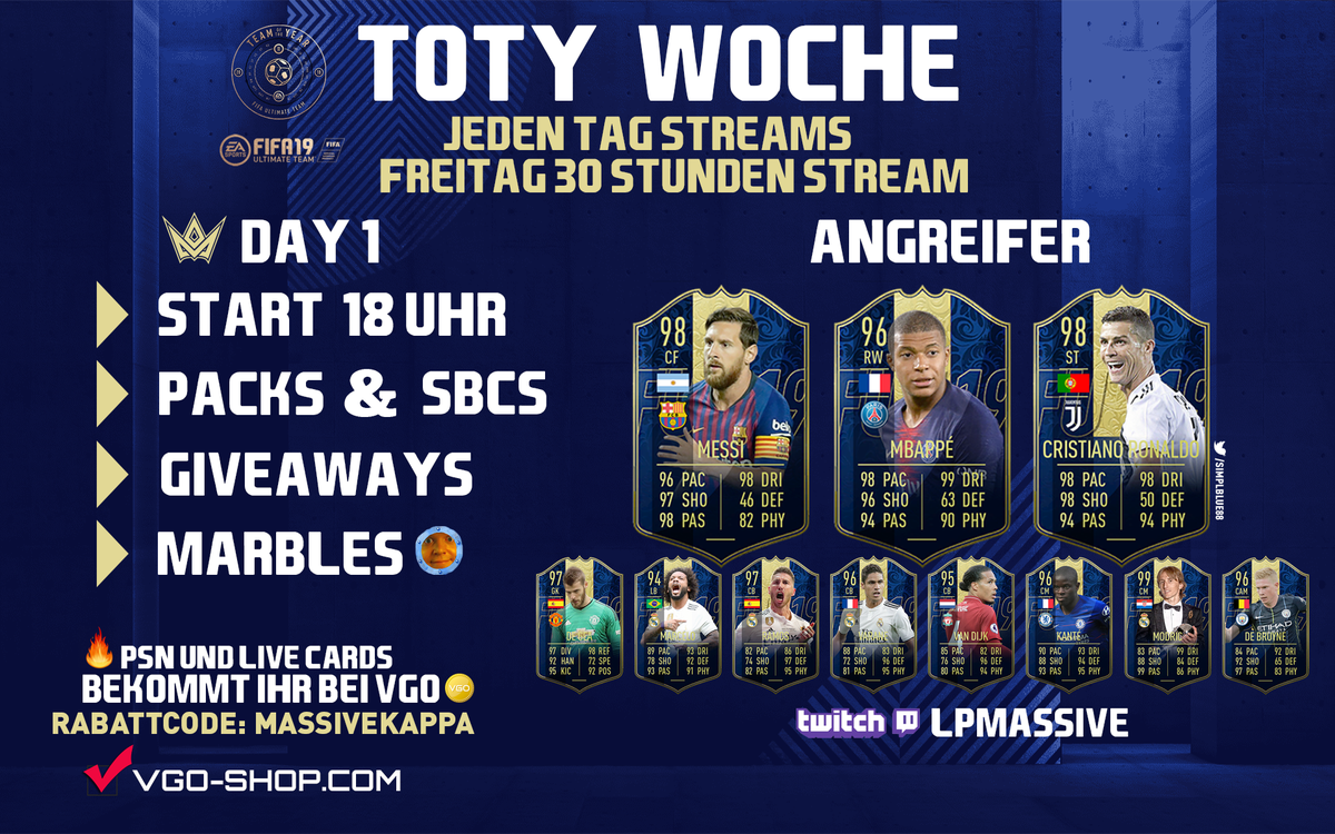 TOTY Woche &amp; 24.000 Points Giveaway!
Ab 18 Uhr beginnt unsere TOTY-Woche. Heute wird es die Angreifer in den Packs geben und dazu wahrscheinlich noch Upgrade SBCs! Fürs Giveaway liken &amp; retweeten - Auslosung Freitag 19 Uhr! 💥 Im Stream gibt es weitere Giveaways und Marbles 🌚