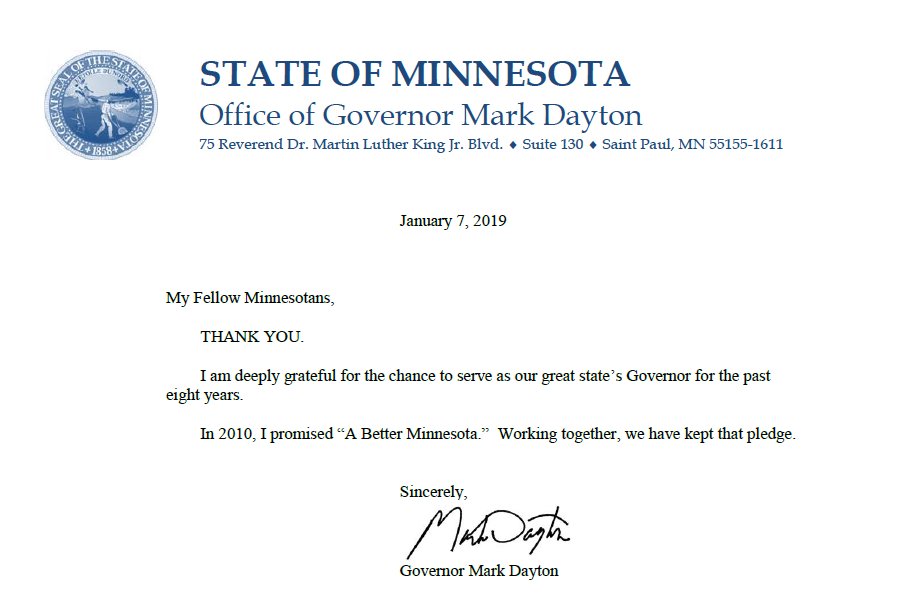 On his final day in office, Governor Dayton issued the following letter to his fellow Minnesotans. #BetterMN mn.gov/gov-stat/pdf/2…