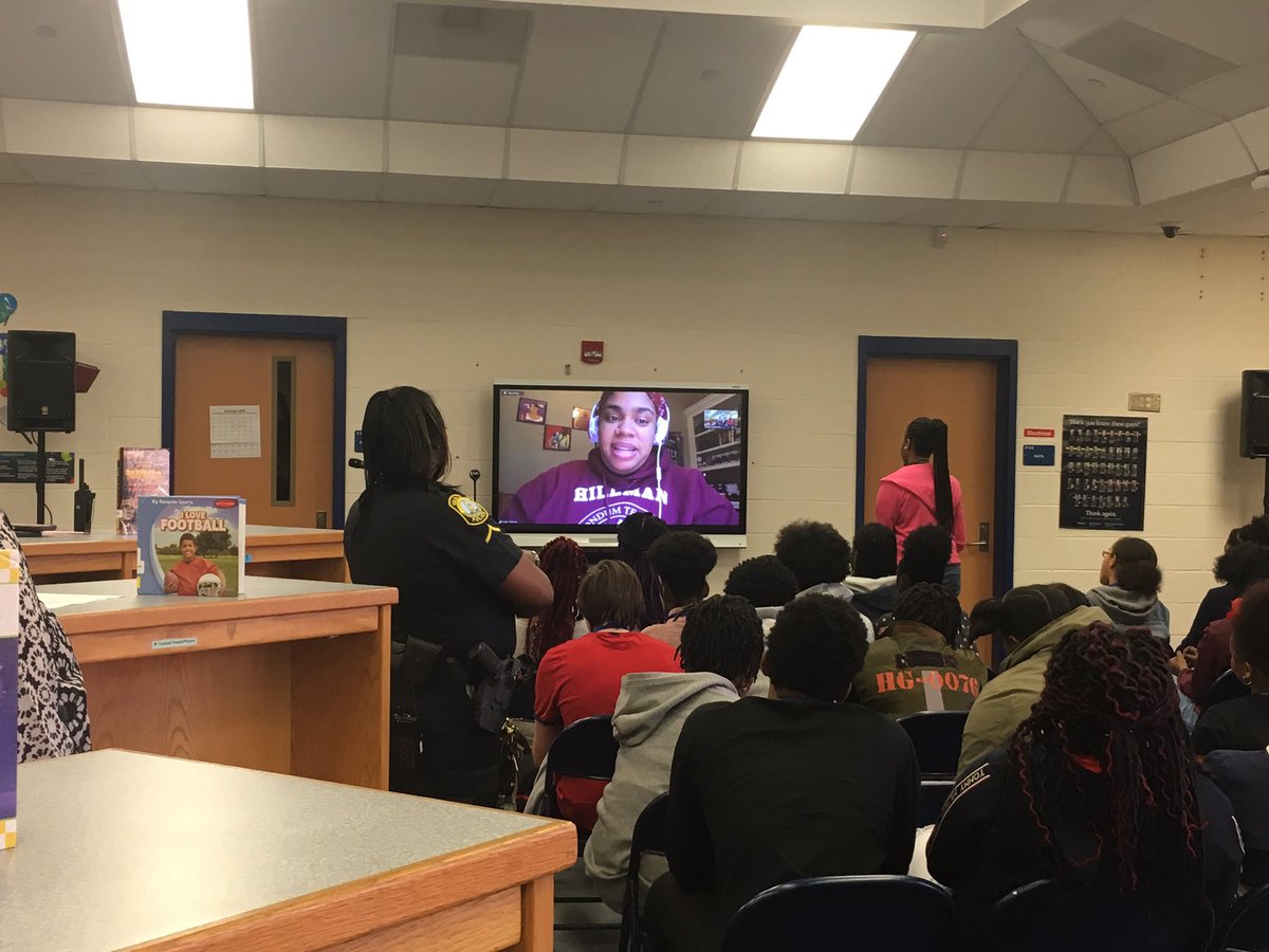 We’re at WA Perry this morning assisting with a video conference info session with author Angie Thomas!