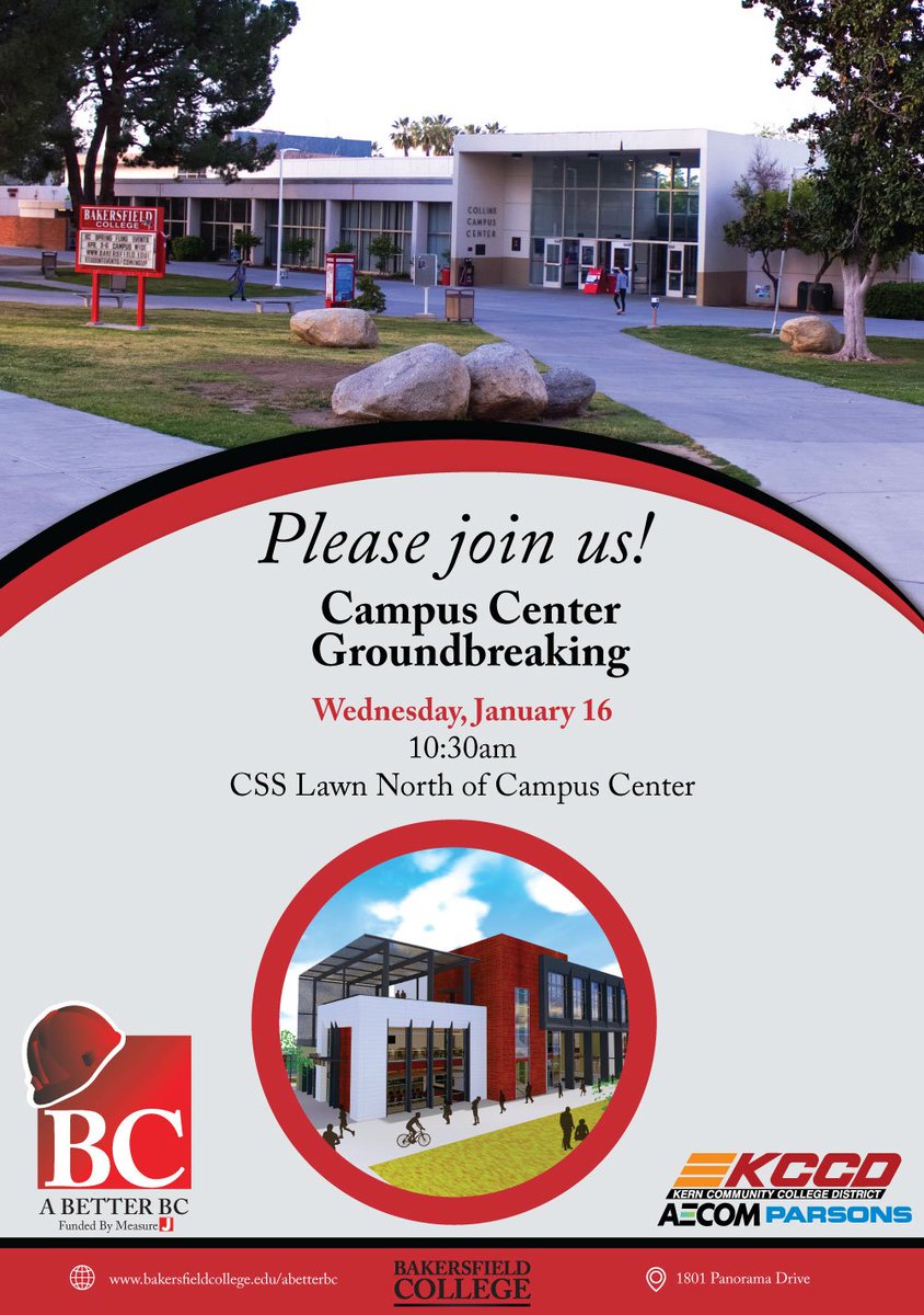 ABetterBC2016's tweet photo. Join us for the Campus Center Groundbreaking on January 16 at 10:30am! #ABetterBC #WeAreBC #KCCDMeasureJ @BAKcollege https://t.co/L0dzkvawb5
