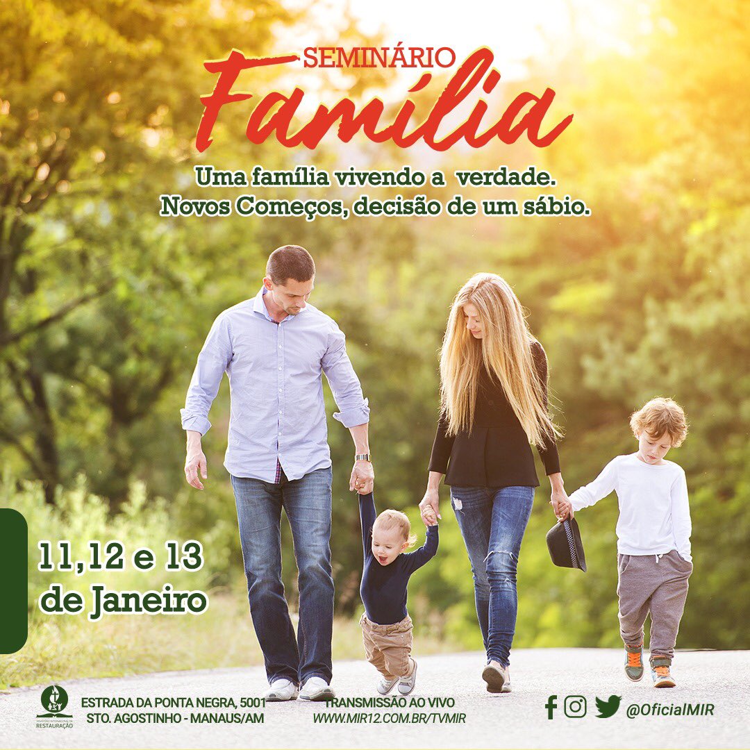 Jovens, na Sexta-feira, 11, às 19h30, iniciaremos o Seminário Família no <a href="/OficialMIR/">MIR Oficial</a> . Vamos construir uma família forte e abençoada! 
Entrada Franca!