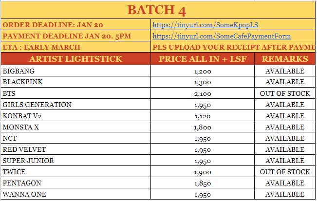 [#SomePHGO🇵🇭/Help RT]

Batch 4 PH GO Kpop lightsticks:
Blackpink, BTS, NCT, IKON, Twice and many more

Open photo to view prices and deadlines 😊

🔗order form: tinyurl.com/SomeKpopLS

📦normal eta