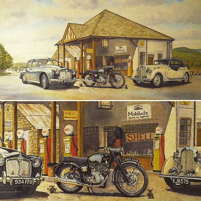 Here's one of Bob's winter commission's, a P3 Rover Grand Tourer, P5 Rover and a Velocette 500. They're set against a garage featuring old Shell memorabilia (and some Viking teddy bears!).
#commissionart #watercolour #classicvehicle #classicmotorcycle #classiccar #vintagemot…