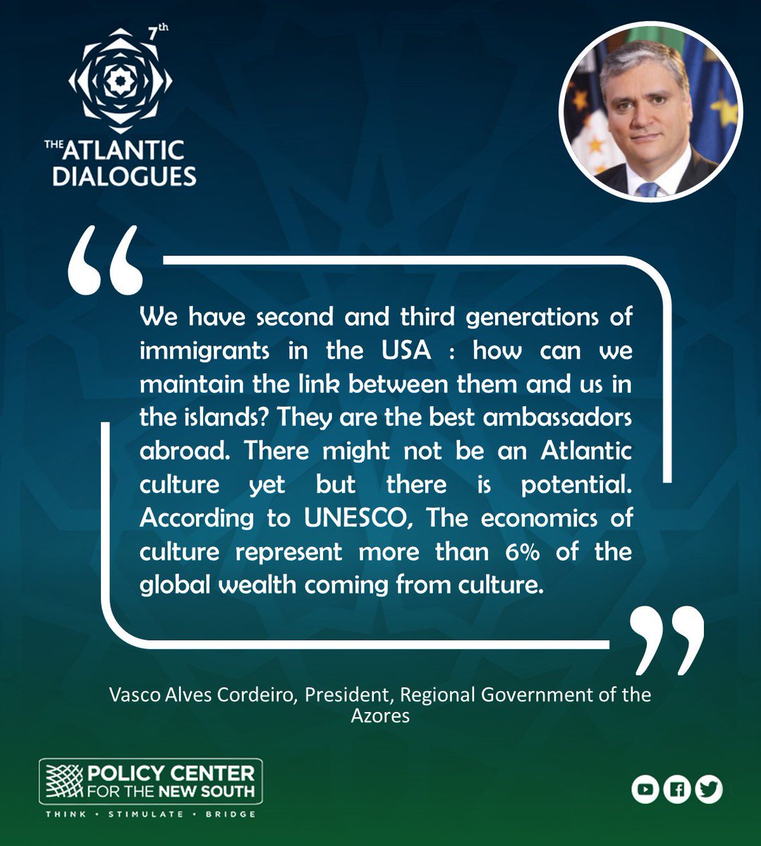PolicyCenterNS's tweet photo. Vasco Alves Cordeiro, President, Regional Government of the Azores during Plenary IX: The Role of #Culture in #Atlantic Relations #AD2018 #ADQuote https://t.co/NN6FdkI9FL