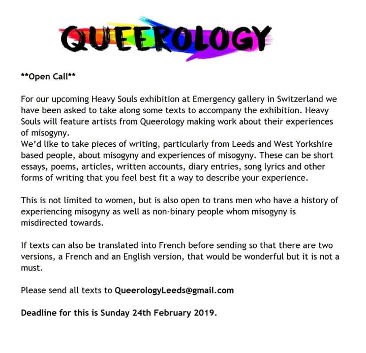 QueerologyLeeds's tweet photo. **Open Call**
[thread] 

For our upcoming Heavy Souls exhibition at Emergency gallery in Switzerland we have been asked to take along some texts to accompany the exhibition. https://t.co/pUJuW6wPID