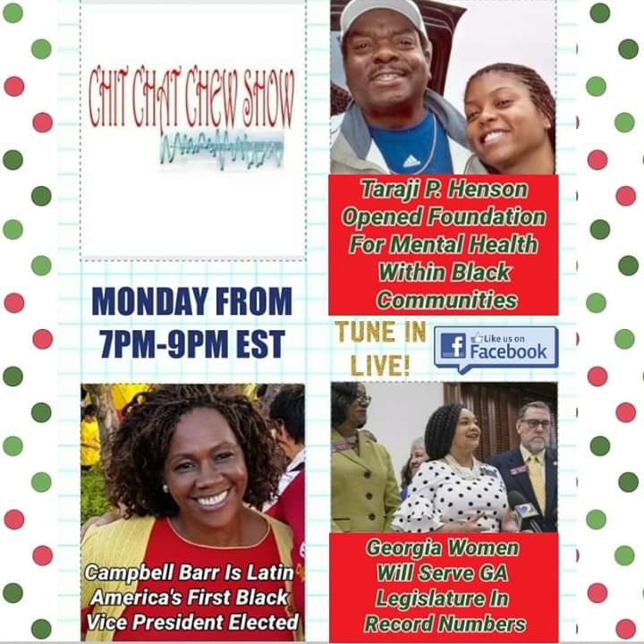 LotusProjects's tweet image. MONDAY (JANUARY 7, 2018)  TARAJI P HENSON OPENS FOUNDATION FOR MENTAL HEALTH WITHIN BLACK COMMUNITIES
CAMPBELL BARR  IS LATIN AMERICA'S 1ST BLACK VICE PRESIDENT ELECTED IN COSTA RICA
GEORGIA WOMEN WILL SERVE GA LEGISLATURE IN RECORD NUMBERS
TUNE IN! 
facebook.com/ChitChatChewSh…