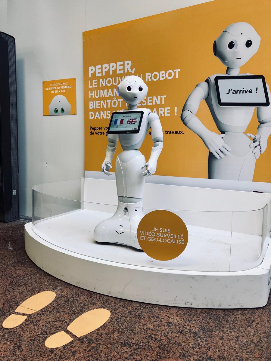 ConnectGares's tweet image. Après Baryl, un nouveau robot investit nos gares 🤖 ! Rendez-vous en gare de @LyonPartDieu pour faire la connaissance de Pepper, le robot humanoïde développé par @HoomanoCompany.
Services, commerces, infos travaux...Pepper vous accompagne lors de votre passage en gare 👍 !