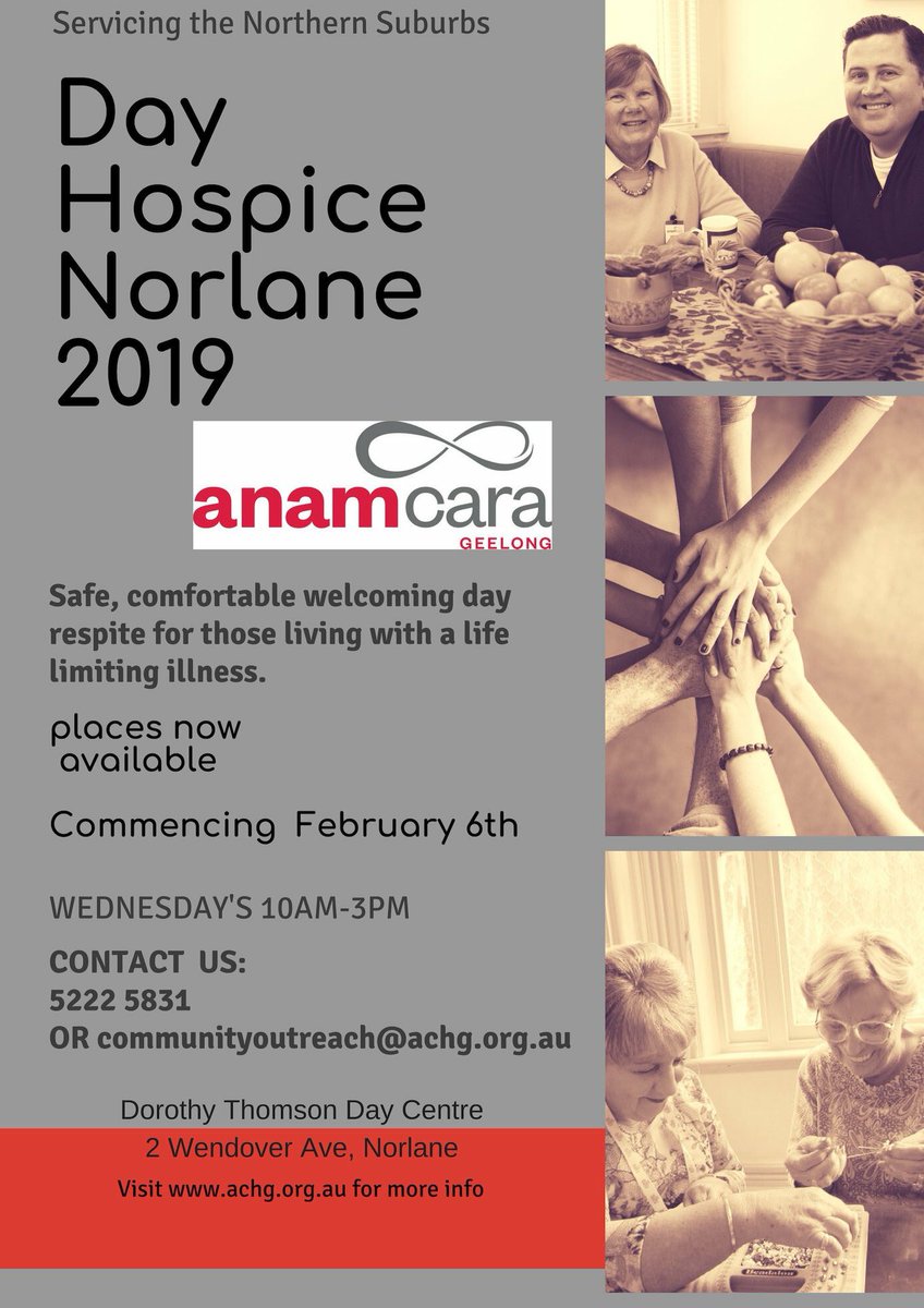 Spread the word...Day Hospice is coming to the Northern Suburbs of Geelong in 2019. Register your interest by emailing: communityoutreach@achg.org.au #hospice #volunteer <a href="/Pallcarevic/">Pallcarevic</a> <a href="/VolunteeringVic/">Volunteering Victoria</a> <a href="/GreaterGeelong/">City of Greater Geelong</a>
