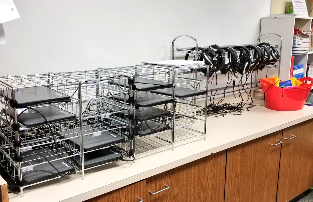 ericphangrath's tweet image. #teacherhack: shoe rack and wired paper sorter are great storage options for laptops and headphones. While pencil pouches are used to store computer mice. #AmazonPrime #TechAsATool #sped #sdc #allmeansall #Easterbyisawesome #LoveMyJob
