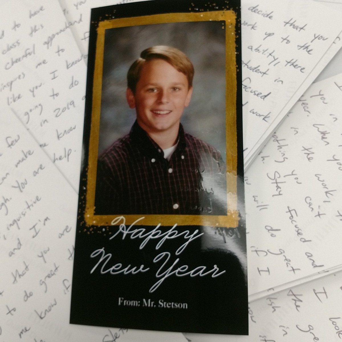 Did the handwritten New Year's cards again this year for my @CraytonMiddle students. Thought my 8th grade photo could help my middle schoolers realize we're all kind of dorks in the 8th grade. #whyiteach