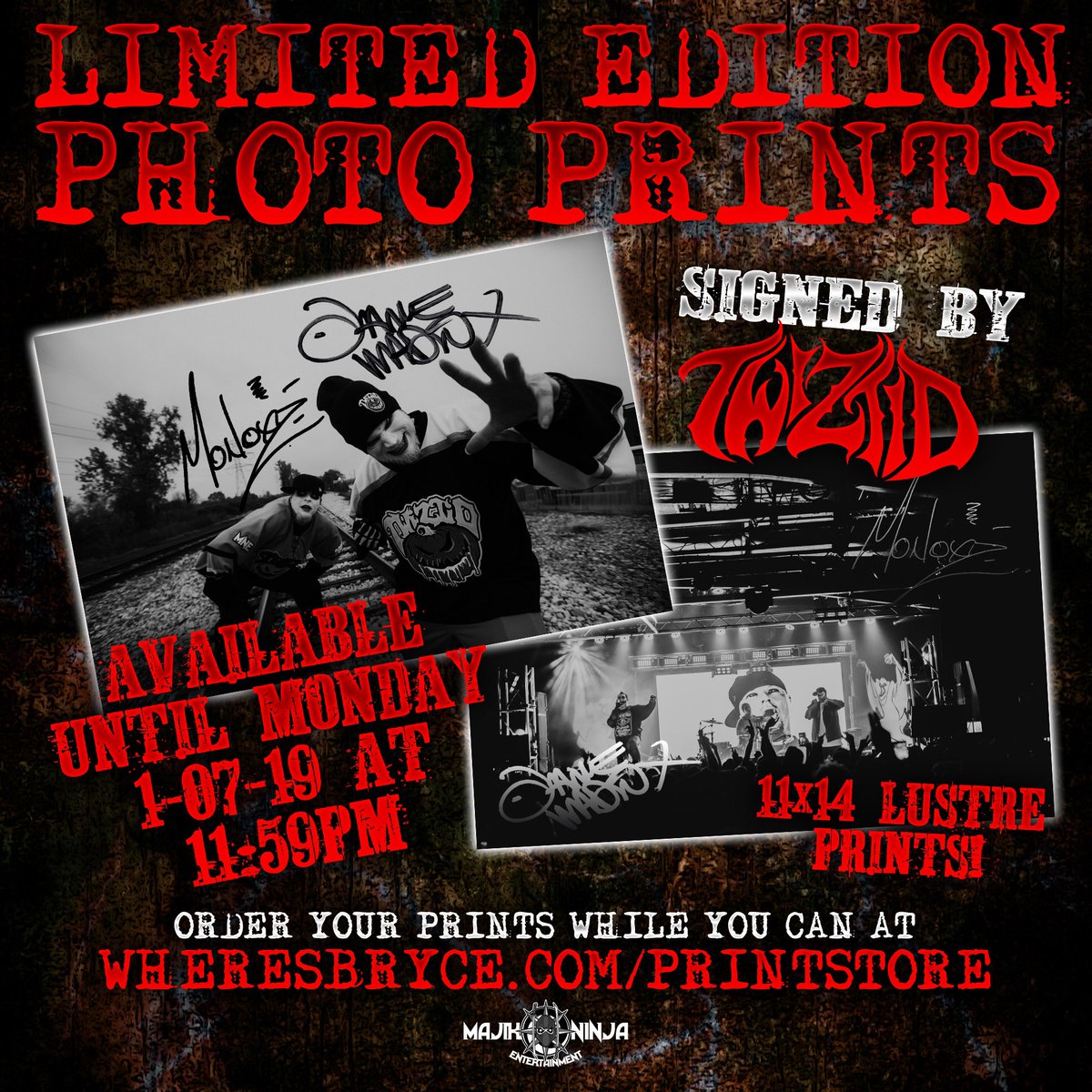 majikninjaent's tweet photo. Time is running out to pick up these great @tweetmesohard signed prints taken by @WheresBryce 💀
Link in bio (news tab) 🔥
#majikninjaentertainment #twiztid #wheresbryce https://t.co/CWrRGIJ6q3