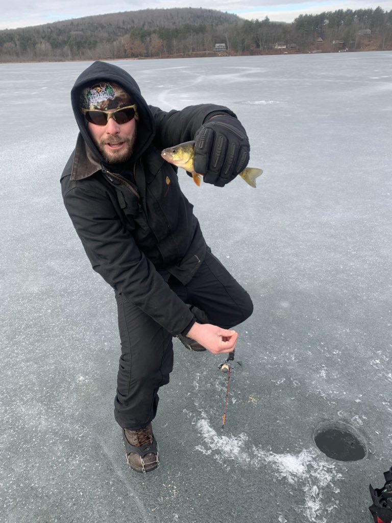 We've hooked another angler onto ice. 🎣 Every flag that popped up, <a href="/fifield04/">CF</a> was the first one to the hole. 🤣 Brad was showing Chris how to read the <a href="/vexilar/">Vexilar</a> while jigging. Needless to say, the perch were coming up through the hardwater! 😀 #TheTugIsTheDrug