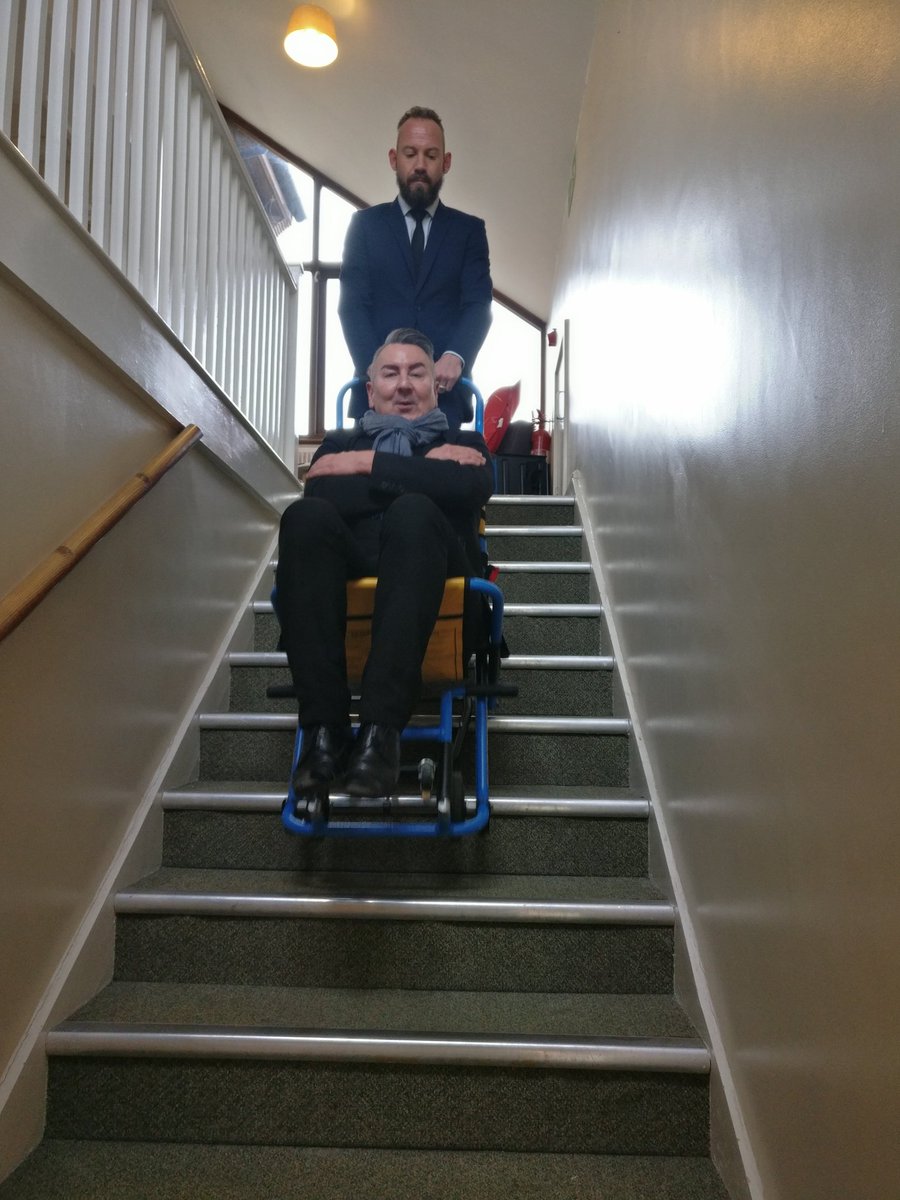 LifeOps12's tweet photo. Two of our managers demonstrating evacuation equipment courtesy of Zander at @Evac_Chair #firesafety https://t.co/XNKuFzmLpv