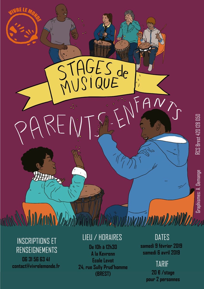 [STAGE JEUNE PUBLIC] 🙋‍♀️
Le samedi 9 février et le samedi 6 avril Vivre Le Monde vous propose un stage parents-enfants autour de la musique à la Kevrenn Sant Mark, Ecole Levot à #Brest de 10h à 12h30.Tarif : 20€ par stage pour deux personnes et 15€ d'adhésion à l'association.