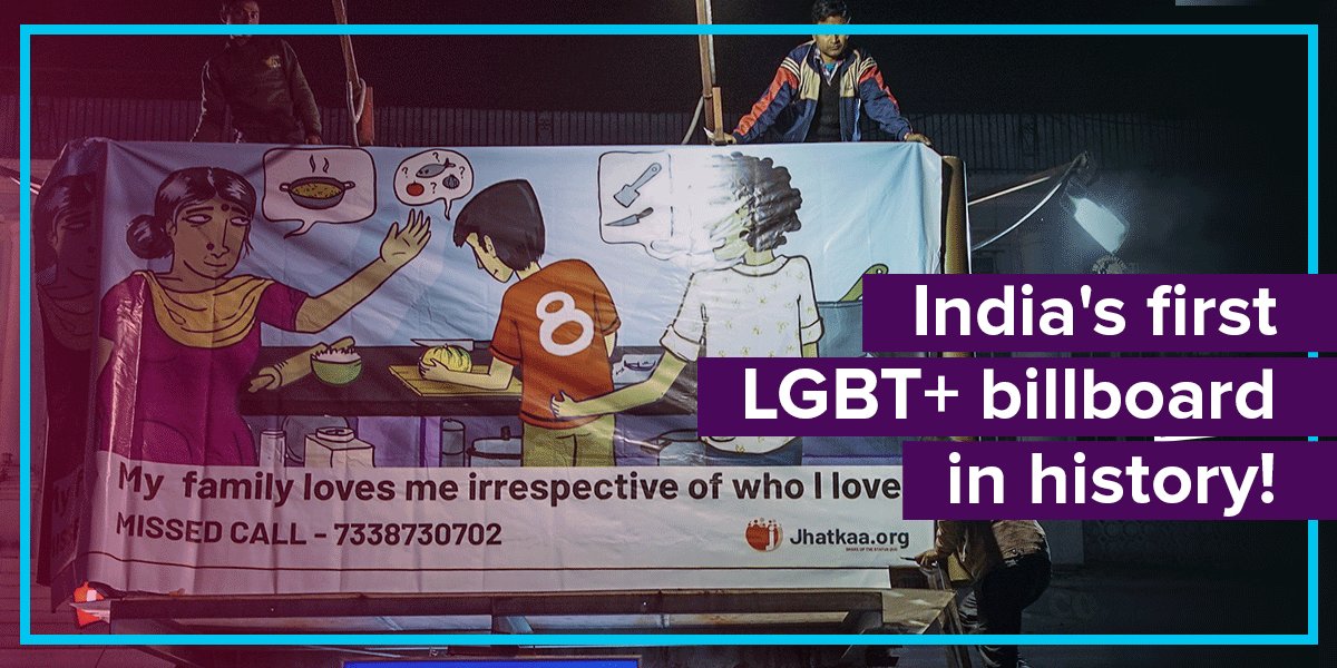 AllOut's tweet photo. It happened! #India’s first #LGBT+ billboard in history is now up in the #NewDelhi's busiest spot! For the whole month, thousands of passersby will engage with messages of love and acceptance of LGBT+ people. https://t.co/xSjd5kqC84
