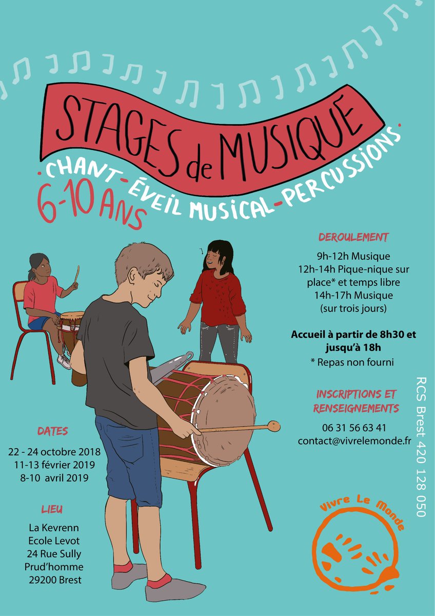 [STAGE JEUNE PUBLIC] 🙋‍♀️
Du 11 au 13 février aura lieu le deuxième stage 6-10 ans à l'école Levot à #Brest.
Cours de percussions, chant, éveil musical et danse sont au programme.
Tarif pour les trois jours : 90€ (Réduit : 70€) et 15€ d'adhésion à l'association.