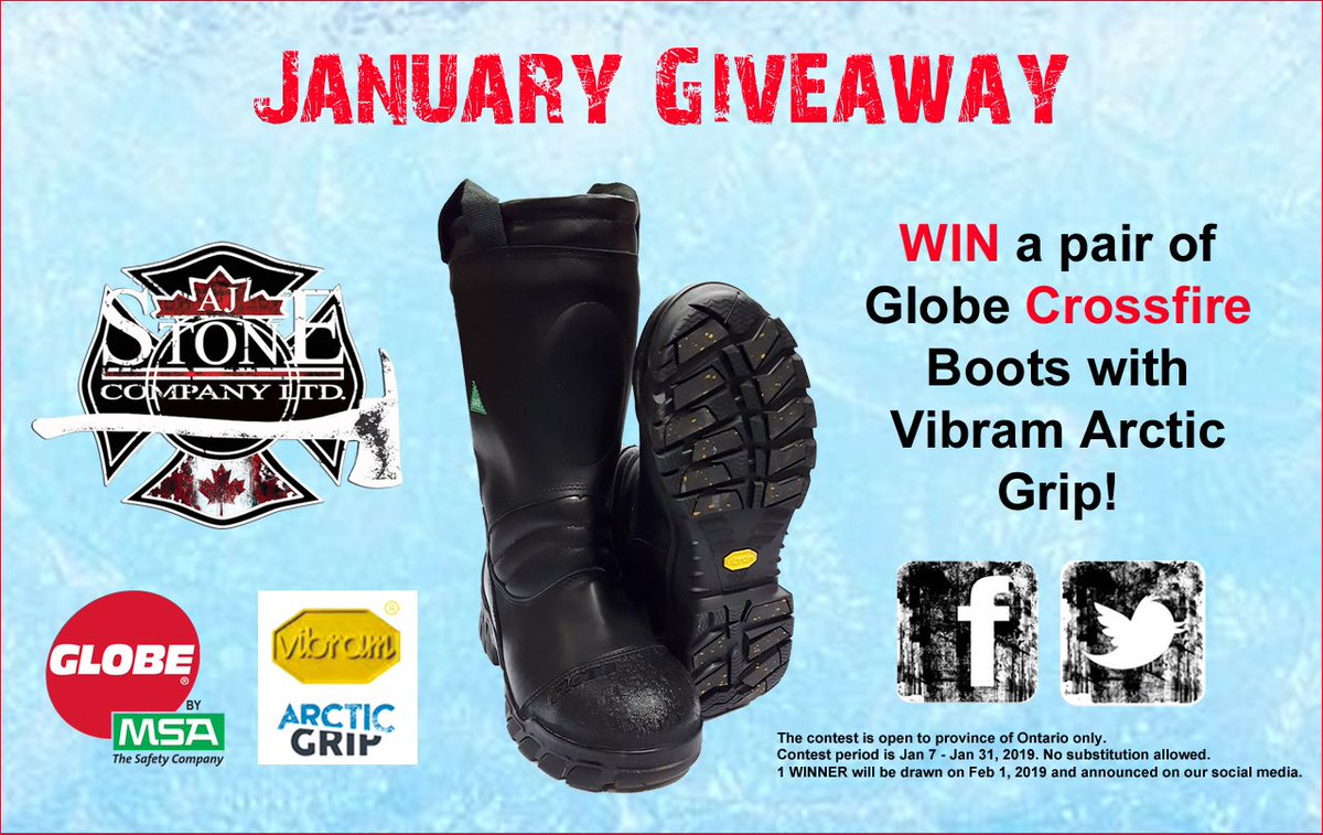 Our January giveaway is a pair of Globe Crossfire boots with Vibram Arctic Grip!

Follow us &amp; RT this post to enter our January giveaway. Double your chances by entering on our Facebook!
Learn more about Crossfire boots on ajstone.com/product-p/glb-….